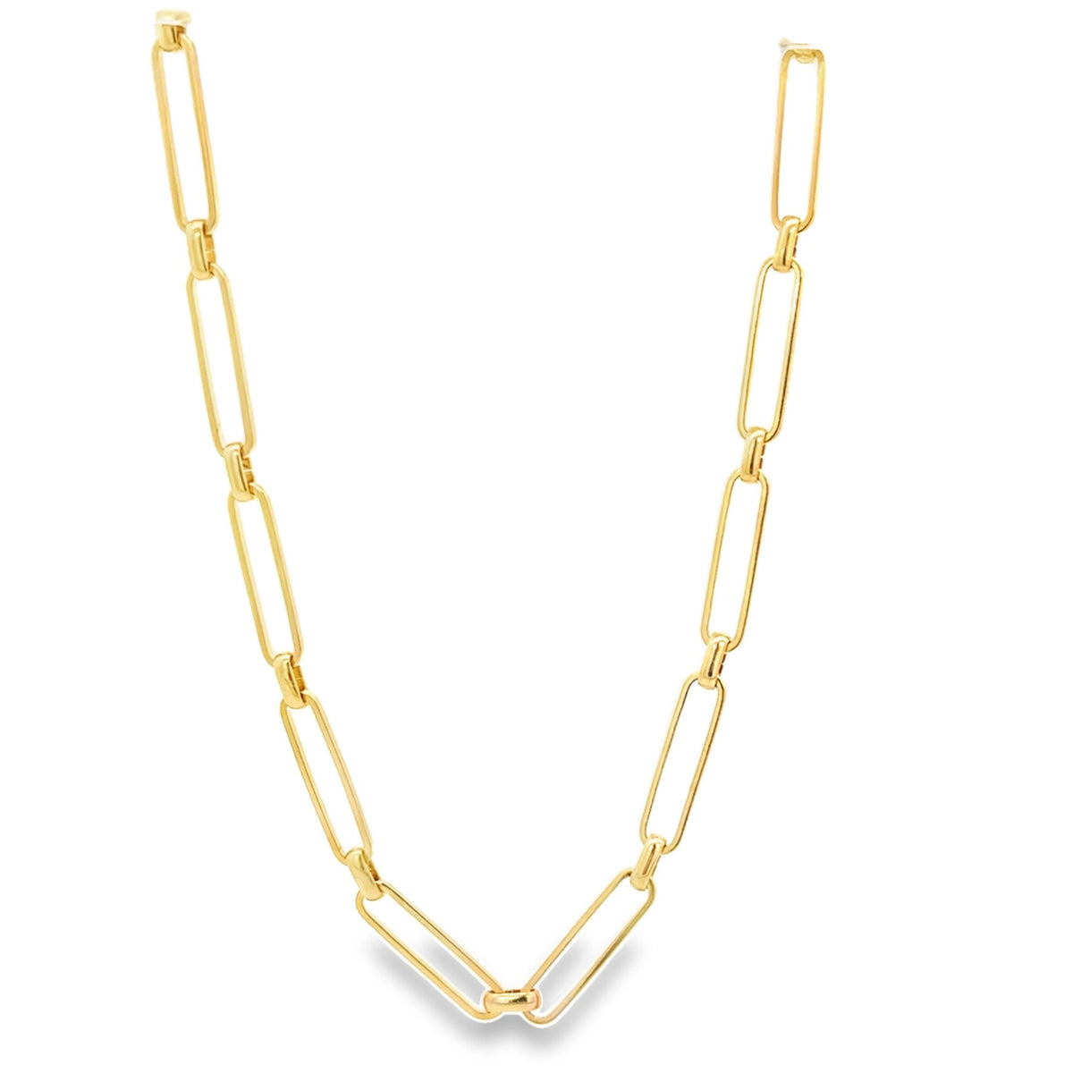 A gold paperclip chain necklace gleams against a plain white background.