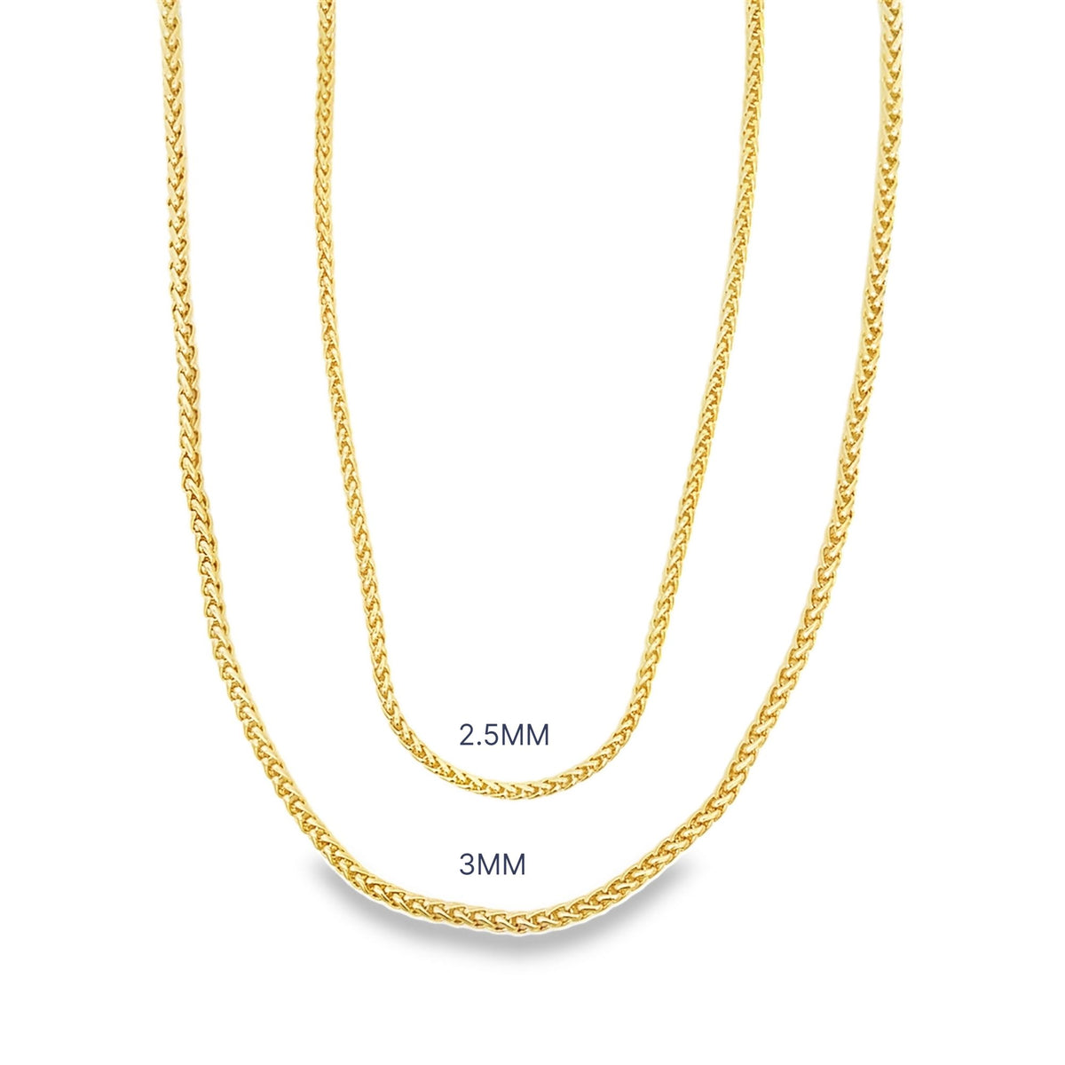 Two gold wheat chain necklaces are displayed side-by-side, comparing the 2.5mm and 3mm thickness options.