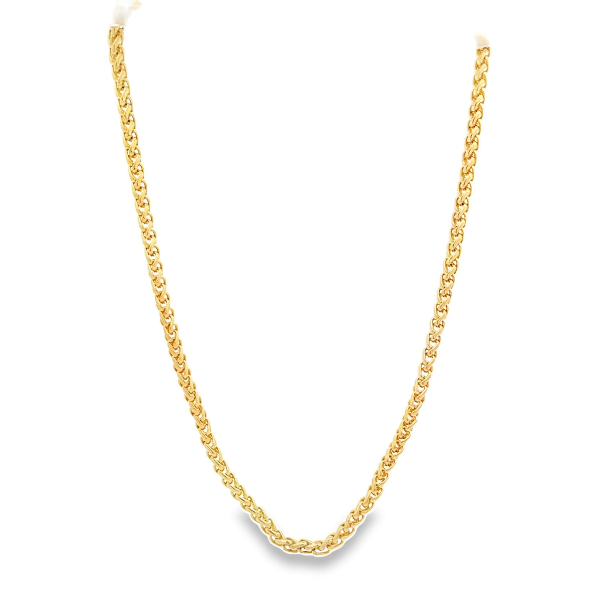 A polished yellow gold chain necklace displays an intricate, textured woven link design against a clean white background.