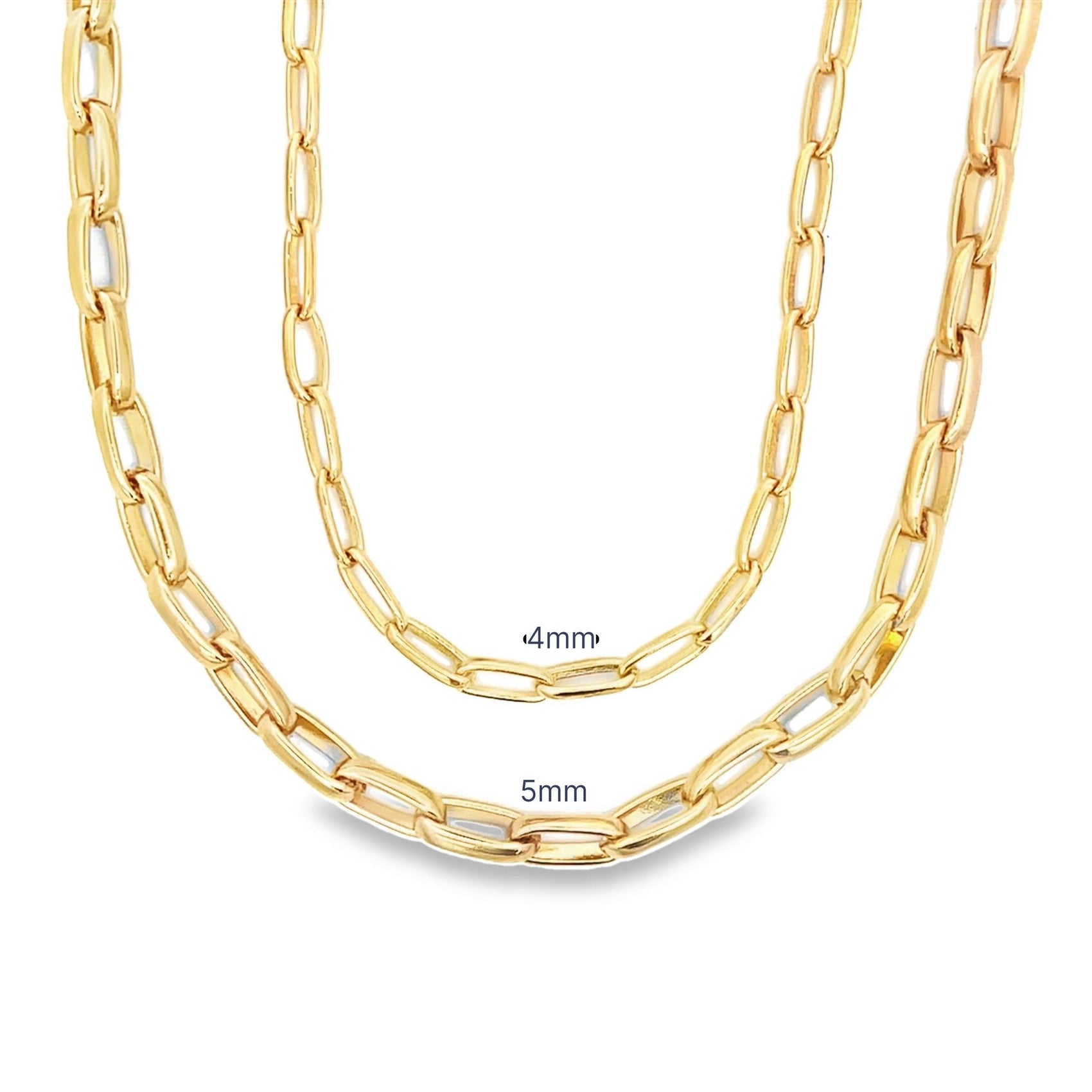 Two yellow gold paperclip chain necklaces display their 4mm and 5mm widths against a plain white background.