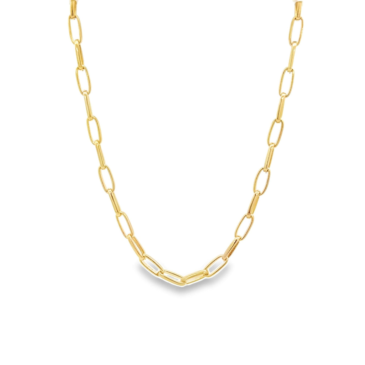 A gleaming gold paperclip chain necklace rests against a clean white background.