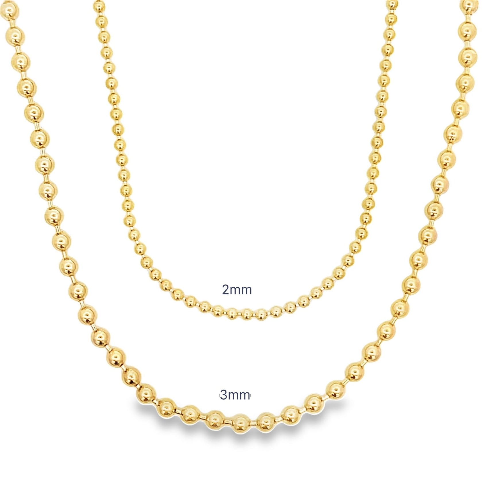Two gold ball chain necklaces display a size comparison between a thinner 2mm chain and a thicker 3mm chain against a plain white background.