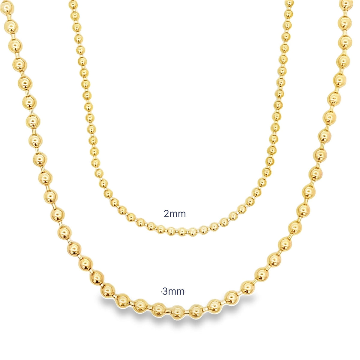 Two gold ball chain necklaces display a size comparison between a thinner 2mm chain and a thicker 3mm chain against a plain white background.