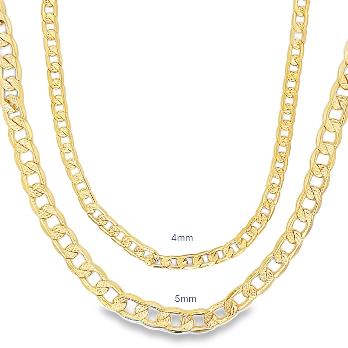 Two yellow gold curb link chains are displayed side by side against a white background, with the inner chain labeled 4mm and the outer chain labeled 5mm.
