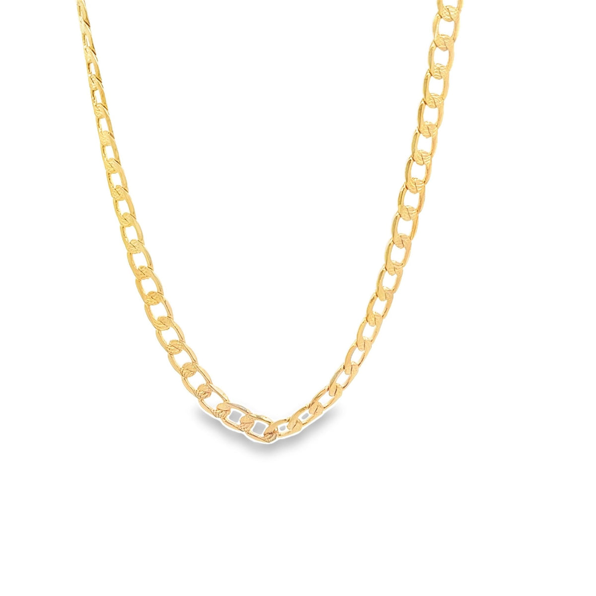 A gleaming gold curb chain necklace drapes against a clean white background.