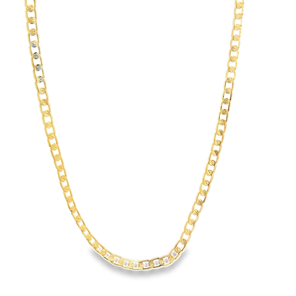 A shiny gold curb chain necklace drapes gracefully against a plain white background.
