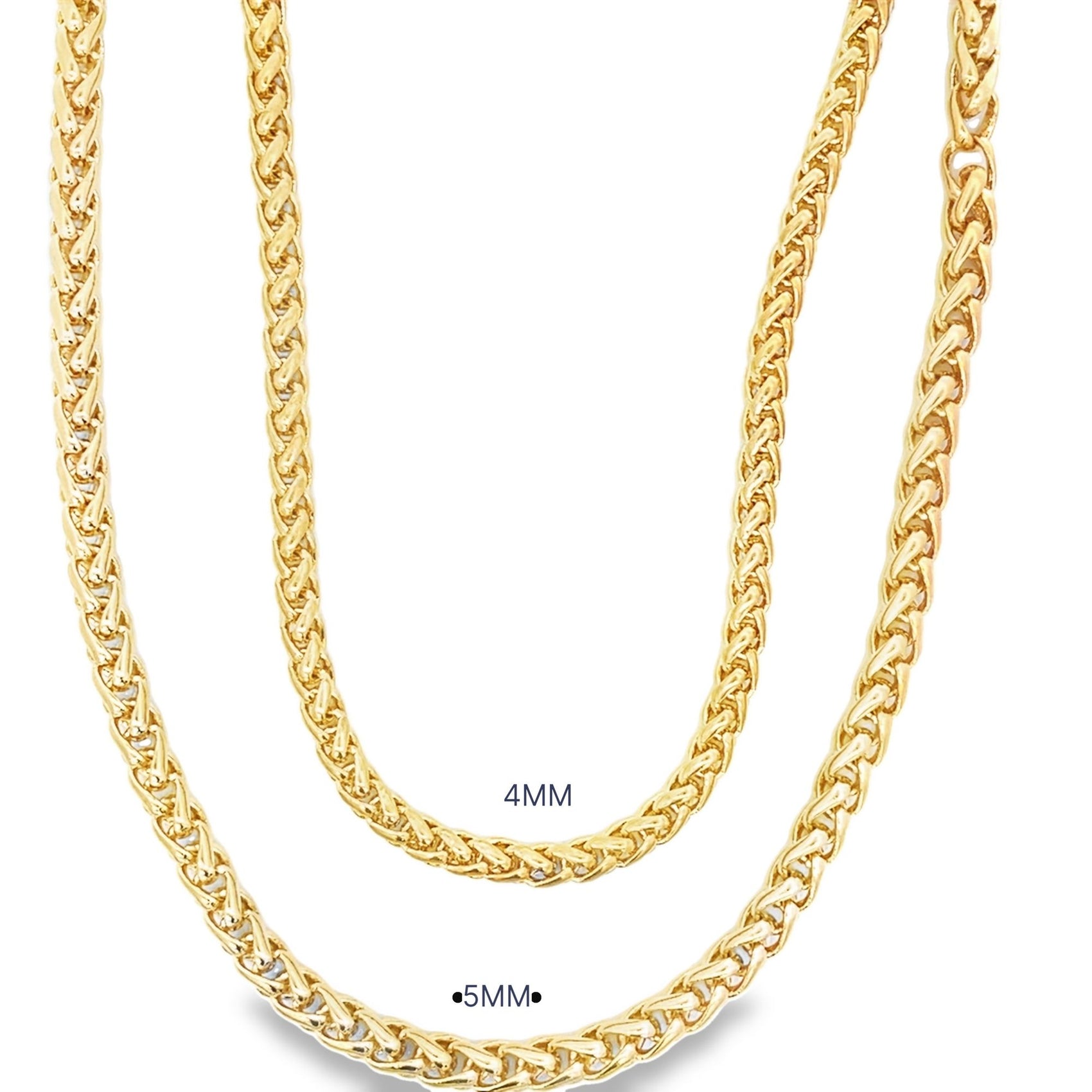 Two gold wheat chains in 4MM and 5MM widths display their intricate braided links against a plain white background.