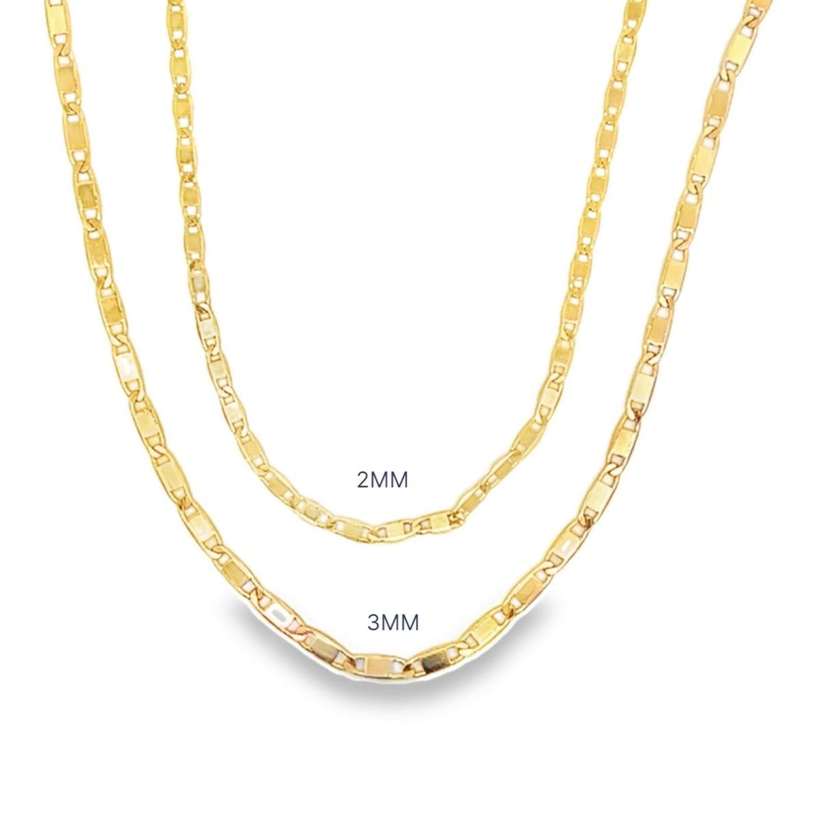 Two gold anchor link chains are displayed side by side against a white background, with the top chain labeled 2mm and the bottom chain labeled 3mm.
