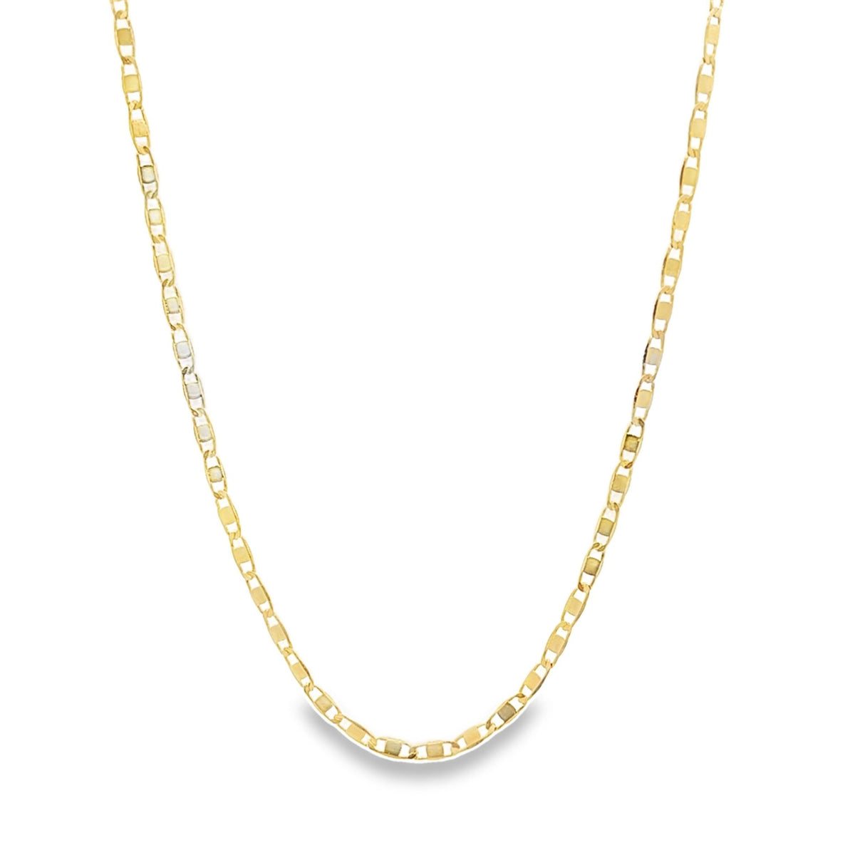 A delicate yellow gold chain necklace with a unique link design is displayed against a plain white background.