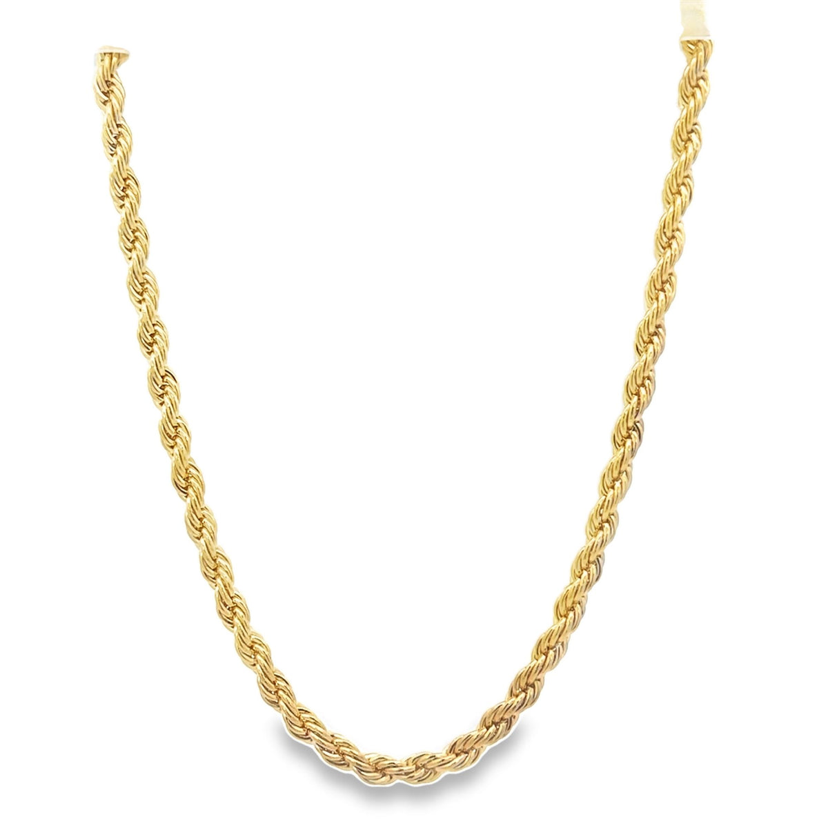 A shiny gold rope chain necklace drapes against a clean white background.
