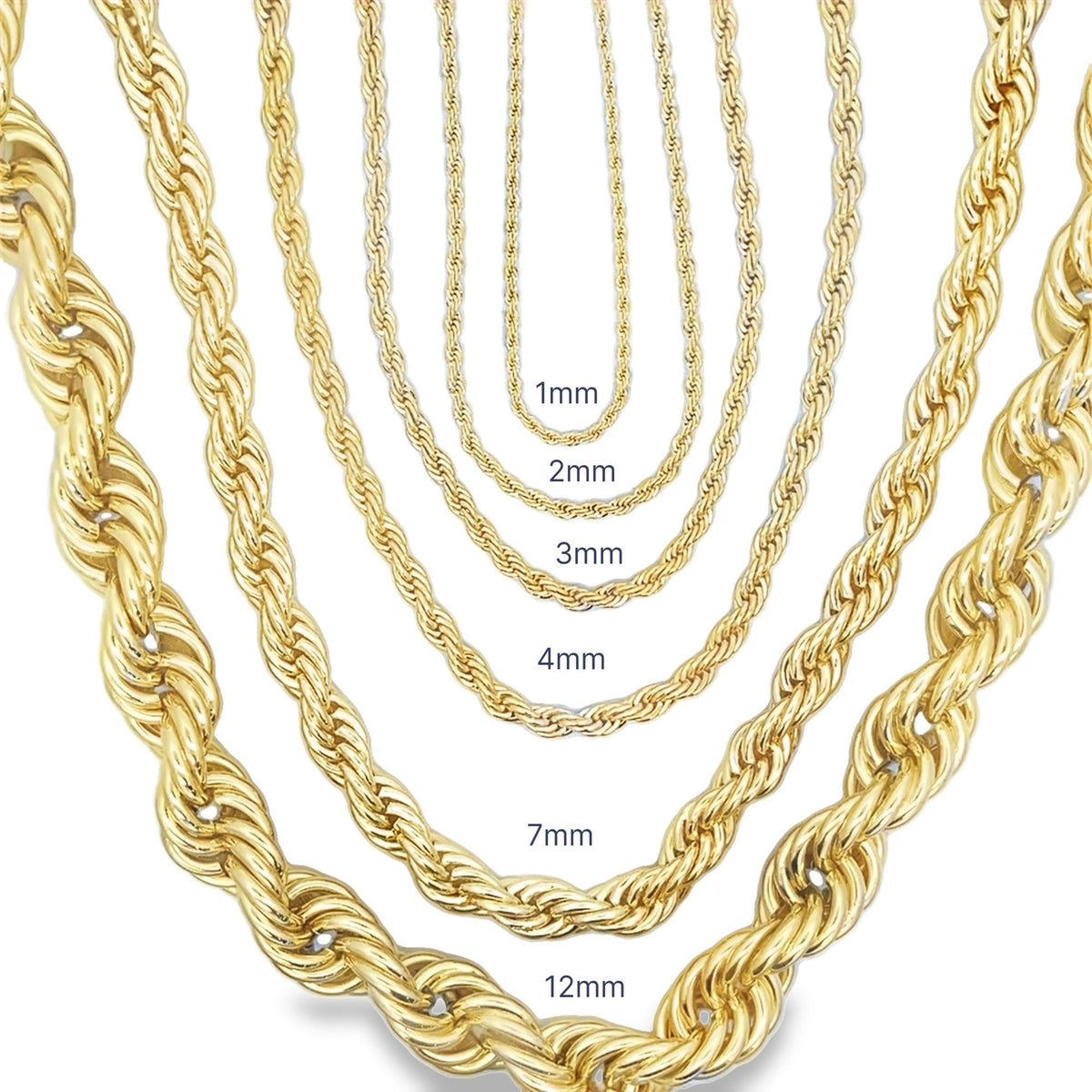 Gold rope chains in various thicknesses from 1mm to 12mm are displayed in a nested comparison layout.