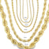 Gold rope chains in various thicknesses from 1mm to 12mm are displayed in a nested comparison layout.