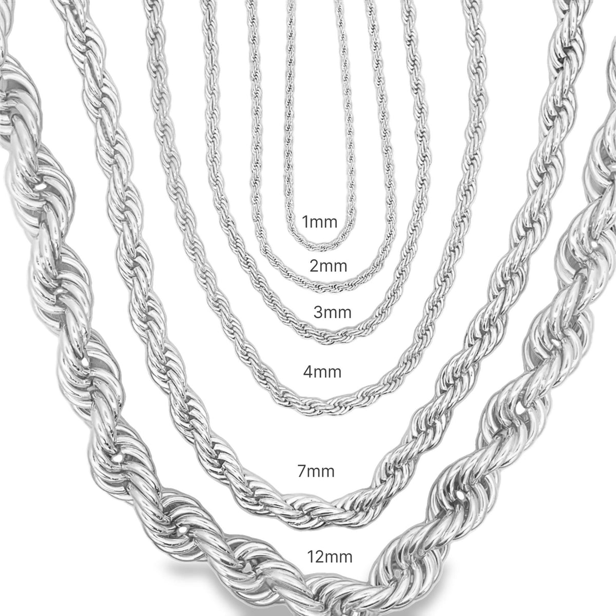 Multiple silver rope chains display sizing options ranging from 1mm to 12mm in width.