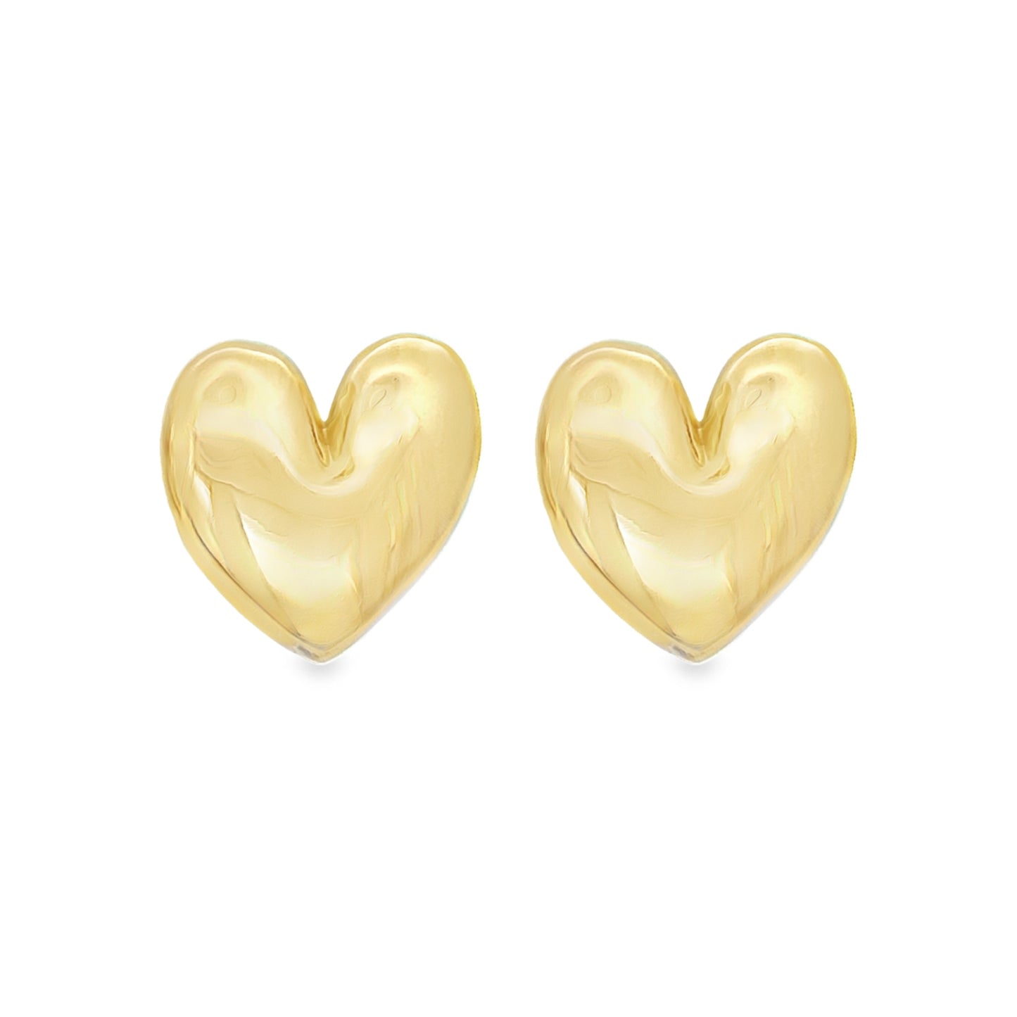 A pair of glossy gold puffy heart stud earrings rests against a clean white background.