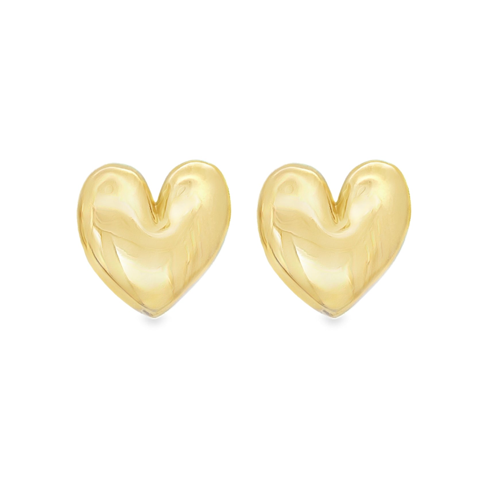 A pair of glossy gold puffy heart stud earrings rests against a clean white background.