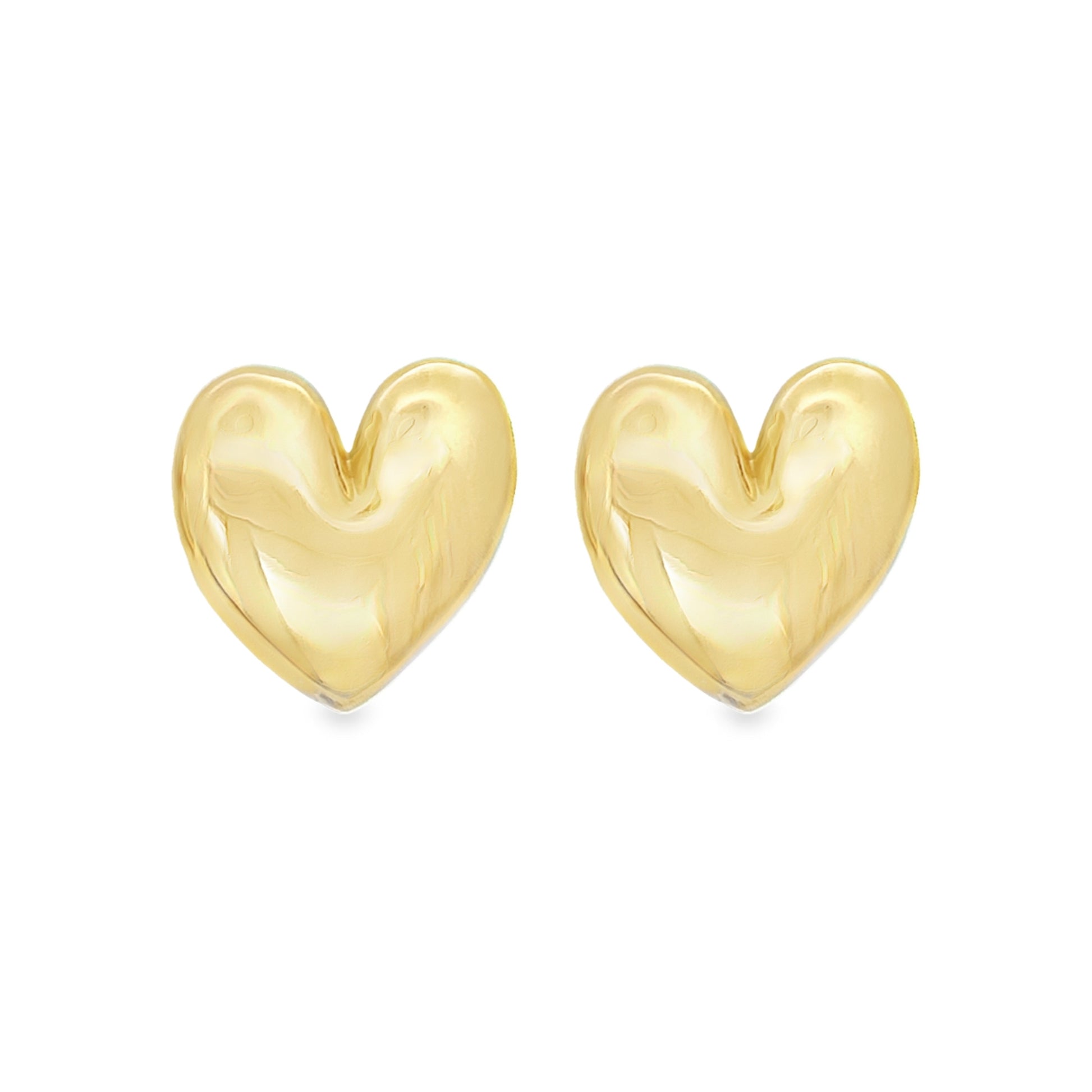 A pair of glossy gold puffy heart stud earrings rests against a clean white background.