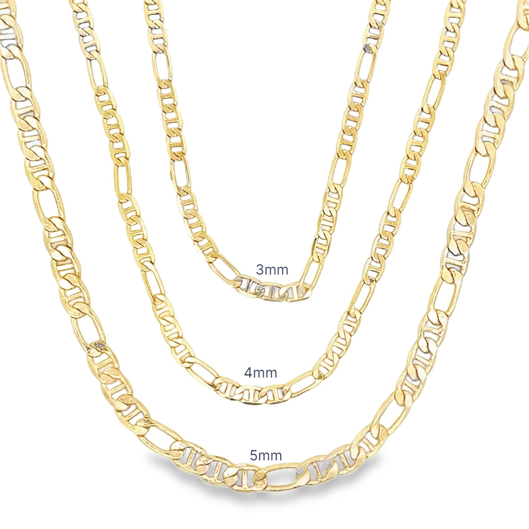Three yellow gold Figaro chains display varying widths of 3mm, 4mm, and 5mm against a white background.
