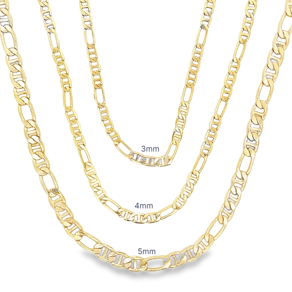 Three yellow gold Figaro chains display varying widths of 3mm, 4mm, and 5mm against a white background.