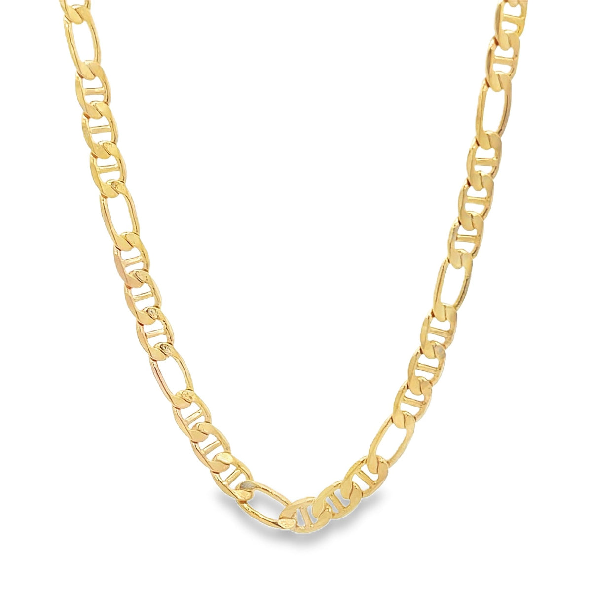 A glossy yellow gold Figaro chain necklace rests in a gentle curve against a clean white background.