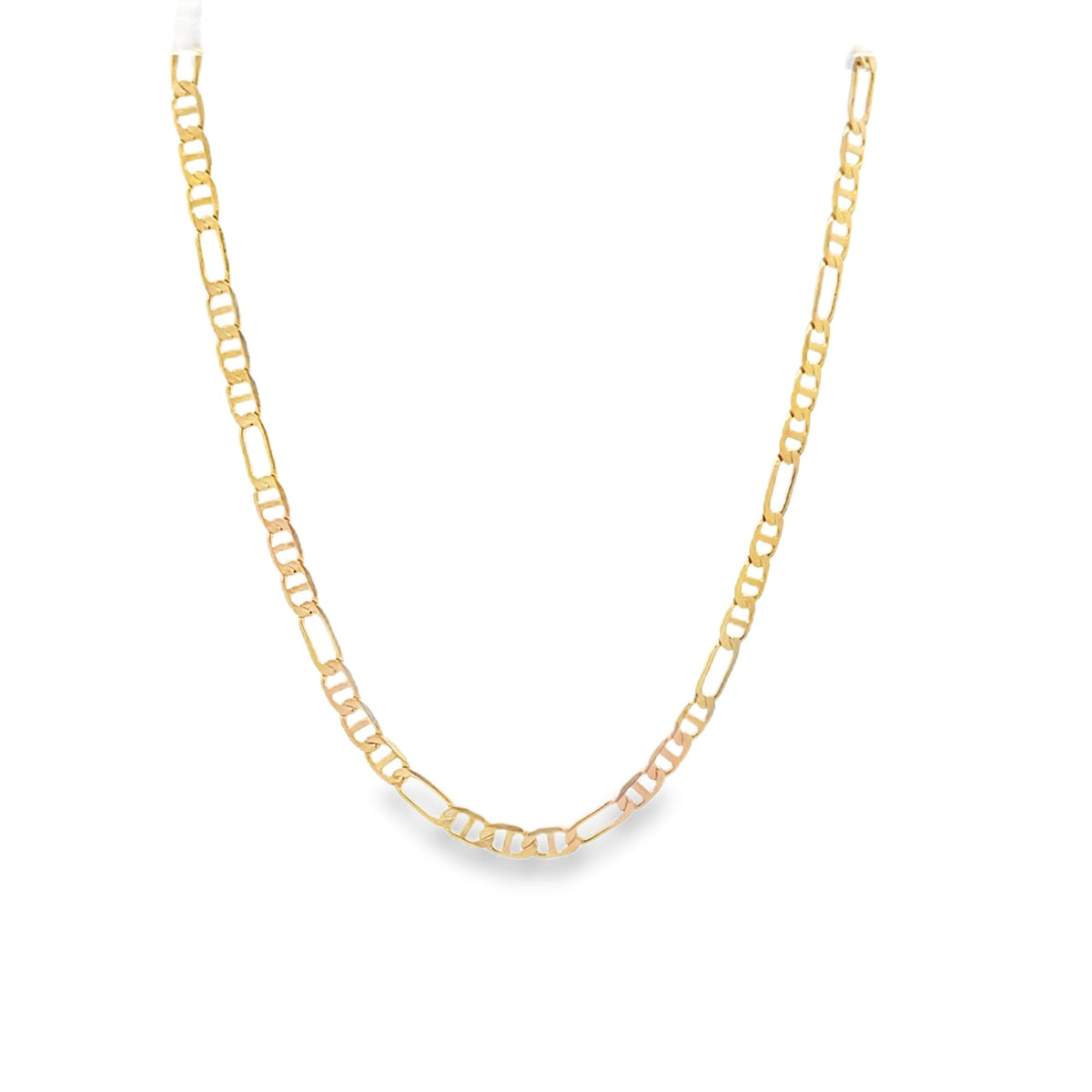 A sleek gold Figaro chain necklace hangs gracefully against a clean white background.