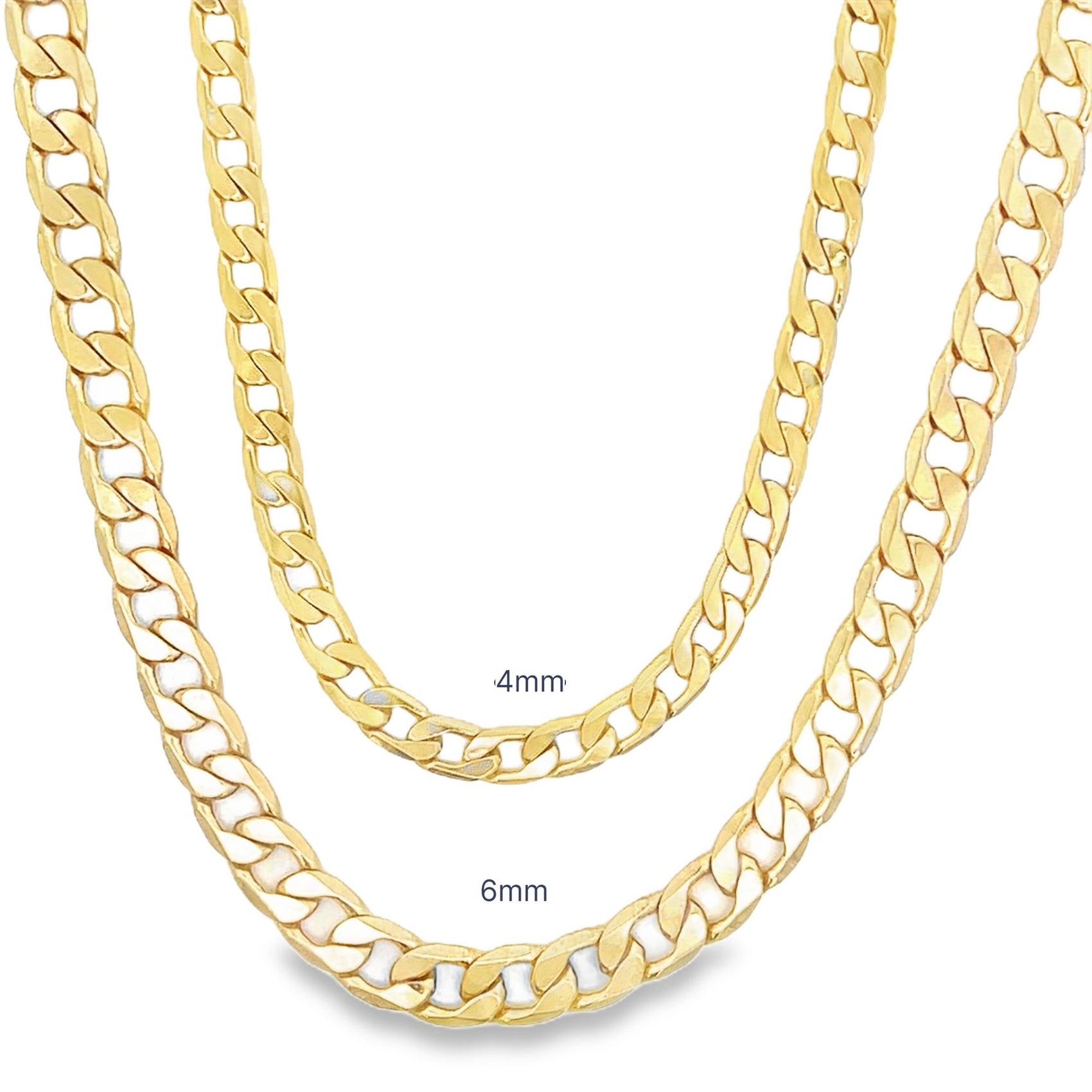 Two polished gold cuban link chains display a size comparison between a thinner 4mm necklace and a thicker 6mm necklace.