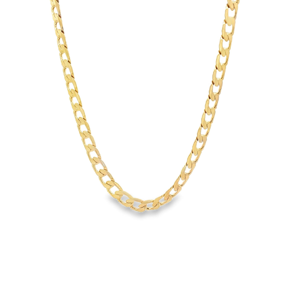 A shiny gold curb chain necklace drapes gracefully against a clean white background.