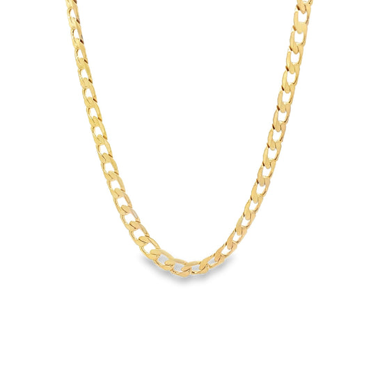 A shiny gold curb chain necklace drapes gracefully against a clean white background.