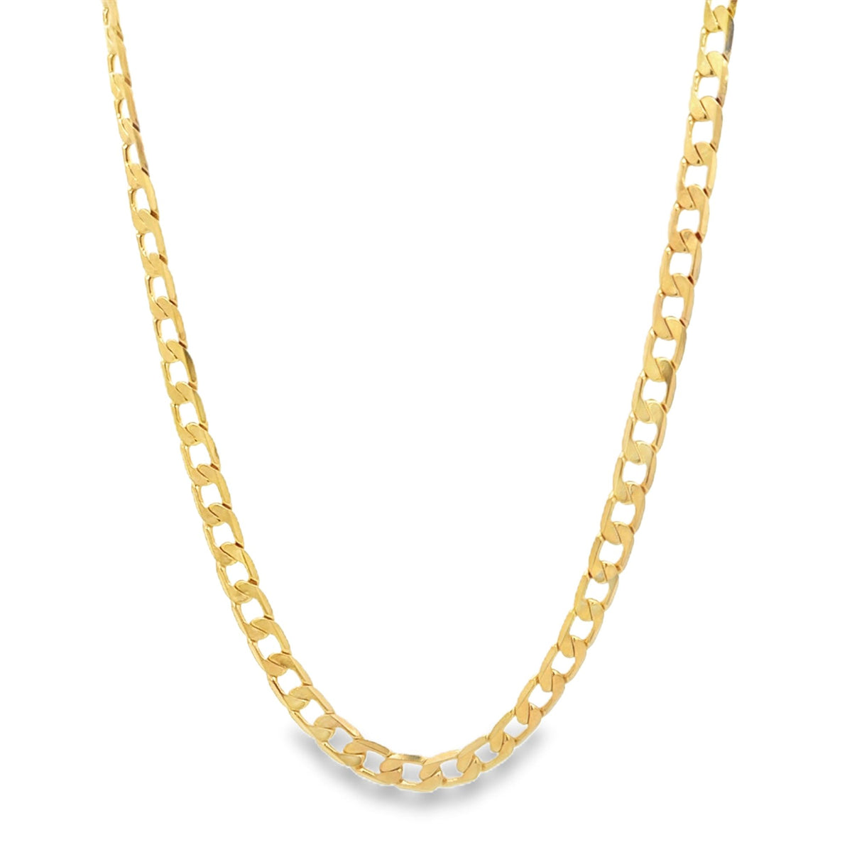 A polished gold curb chain necklace hangs gracefully against a clean white background.