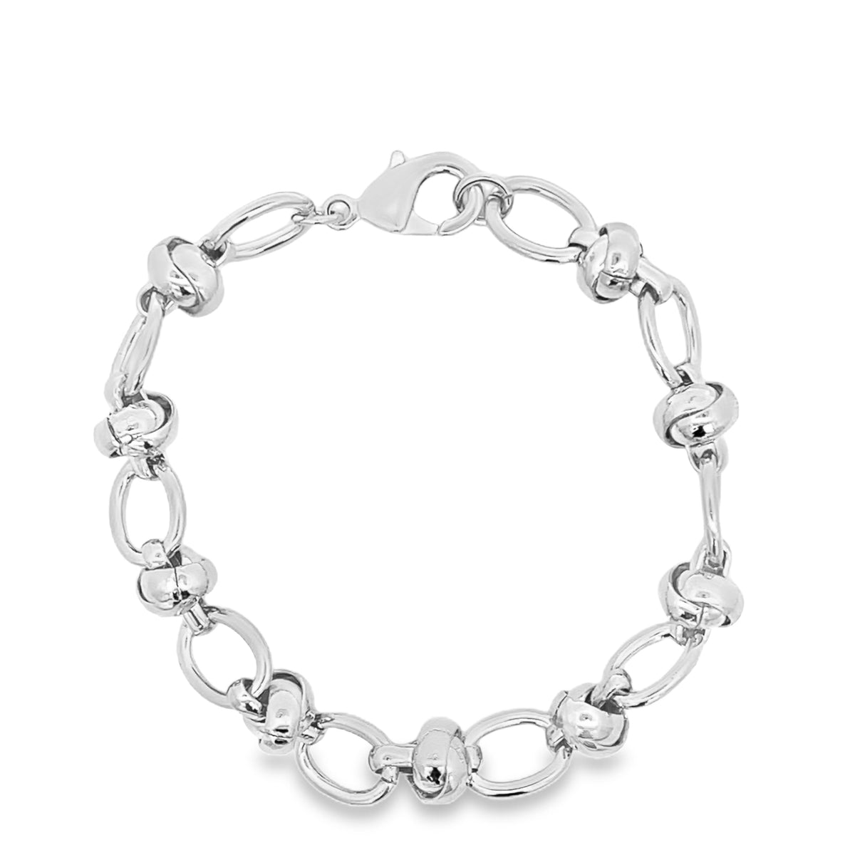 A polished sterling silver link bracelet features alternating smooth oval loops and textured knotted stations secured with a lobster clasp.