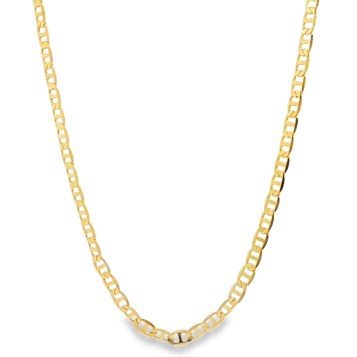 A classic yellow gold mariner link chain necklace glistens against a plain white background.