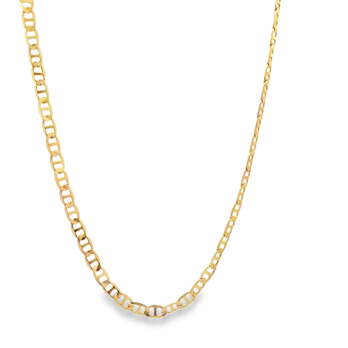 A shiny gold Mariner link chain necklace hangs against a clean white background.