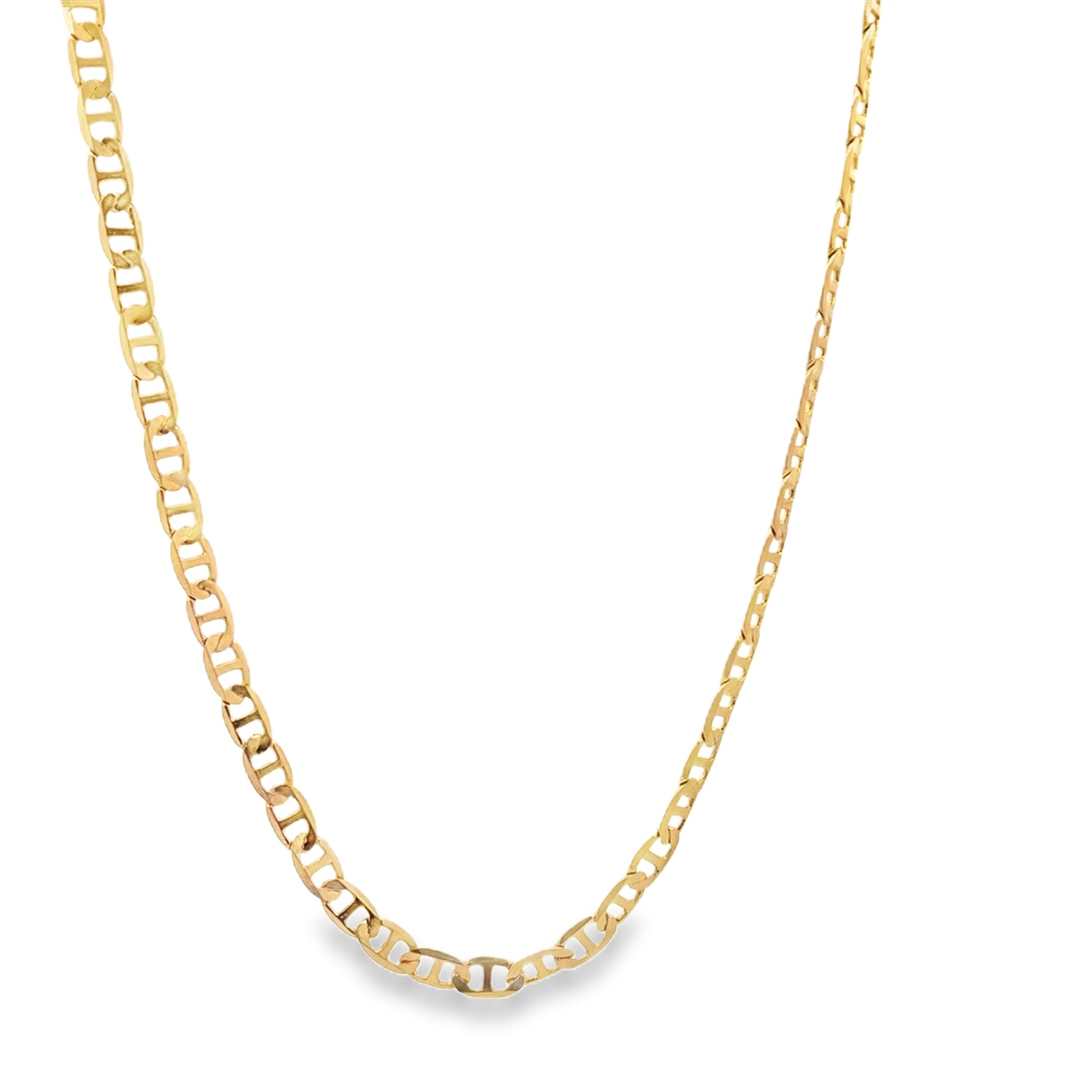 A shiny gold Mariner link chain necklace hangs against a clean white background.