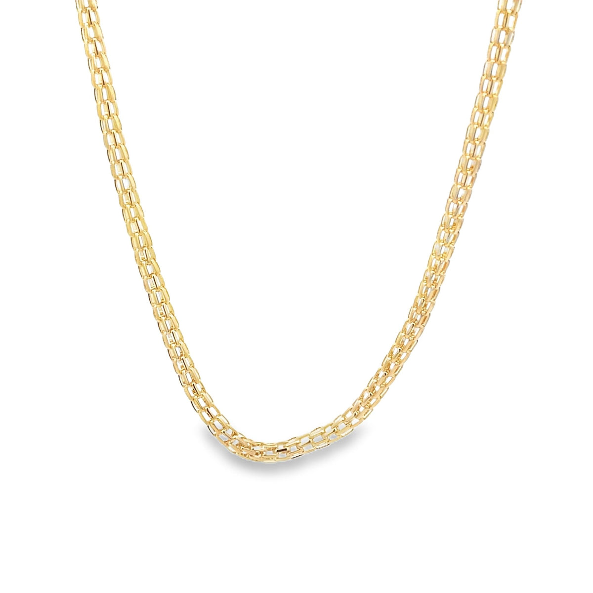 A polished 14k yellow gold popcorn chain necklace curves gracefully against a clean white background.