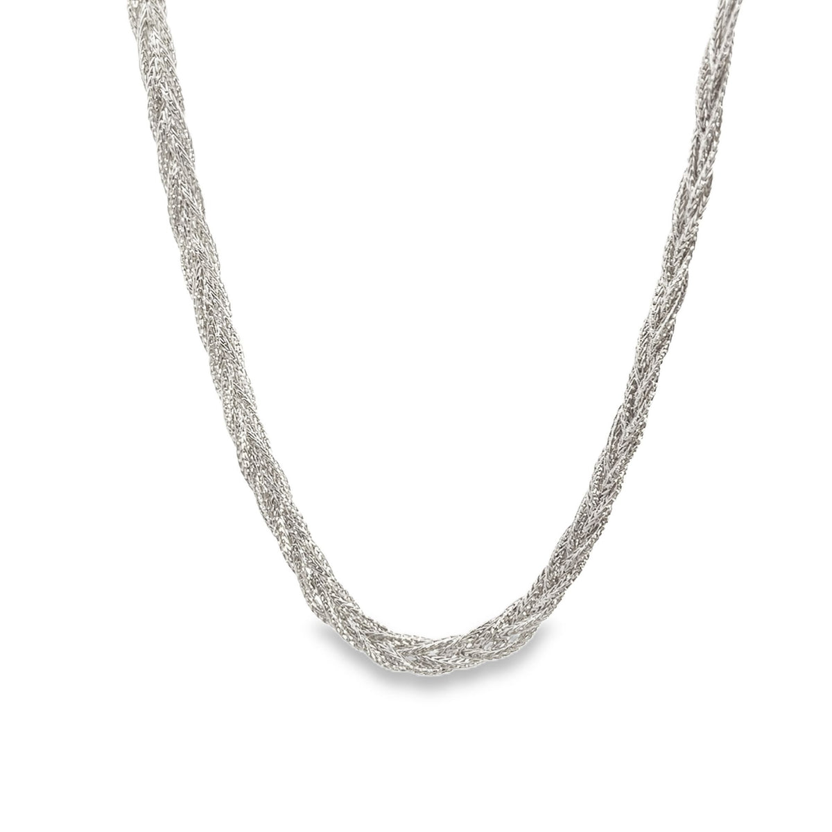 A textured silver chain necklace rests gracefully against a white background.