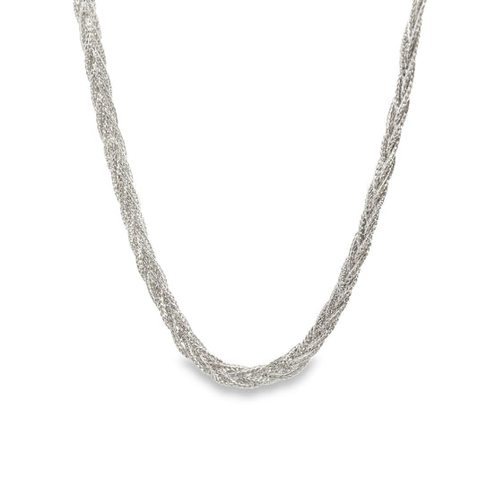 A textured silver chain necklace rests gracefully against a white background.