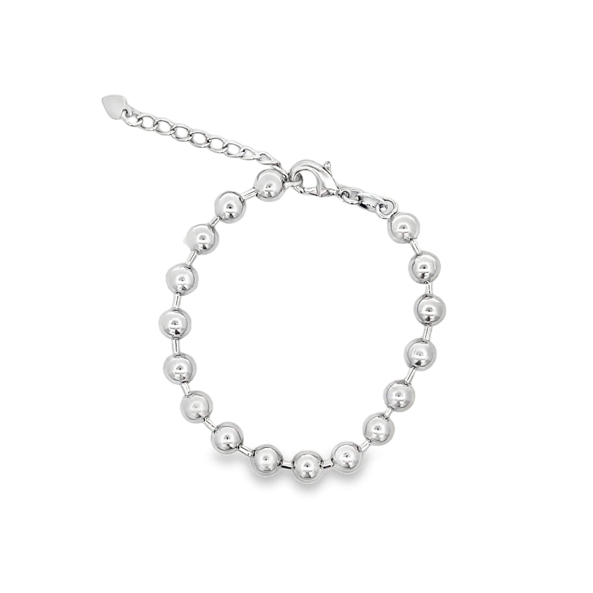 A polished silver ball bead bracelet rests on a clean white background, showcasing its glossy spherical charms and adjustable chain clasp.
