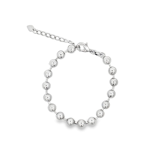 A polished silver ball bead bracelet rests on a clean white background, showcasing its glossy spherical charms and adjustable chain clasp.