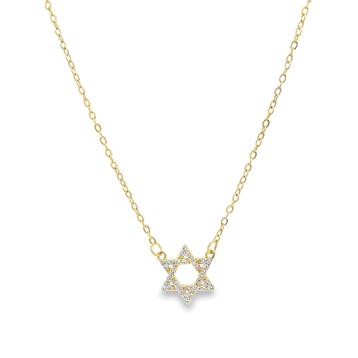 A delicate gold chain necklace sparkles with a diamond-pave Star of David pendant against a white background.