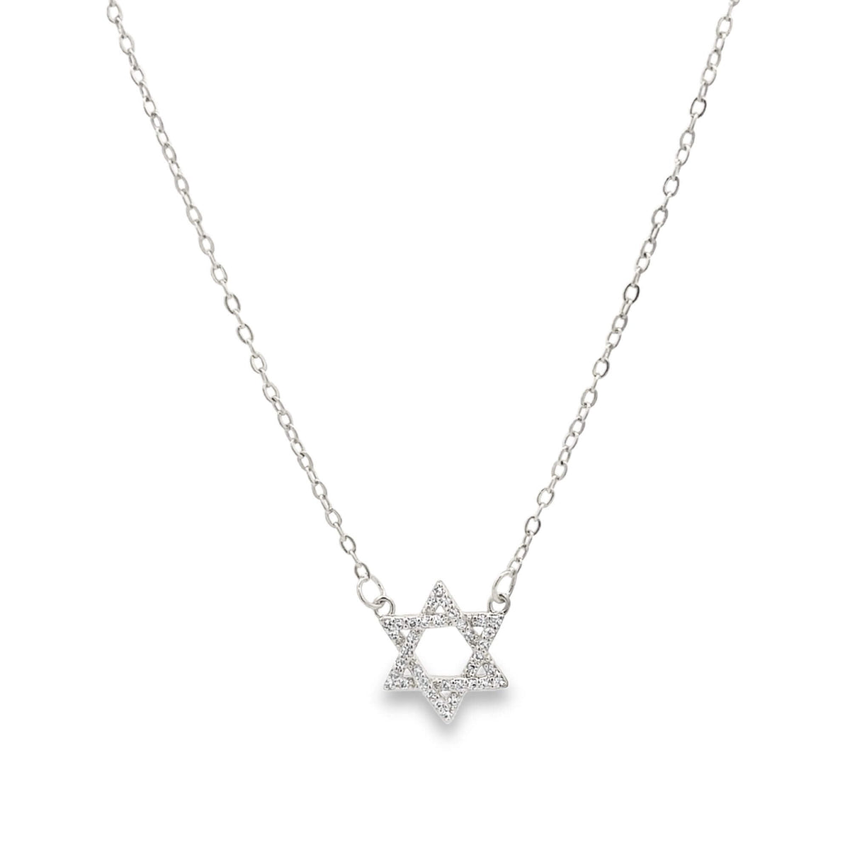 A delicate silver Star of David pendant encrusted with sparkling diamonds hangs gracefully from a matching chain necklace.