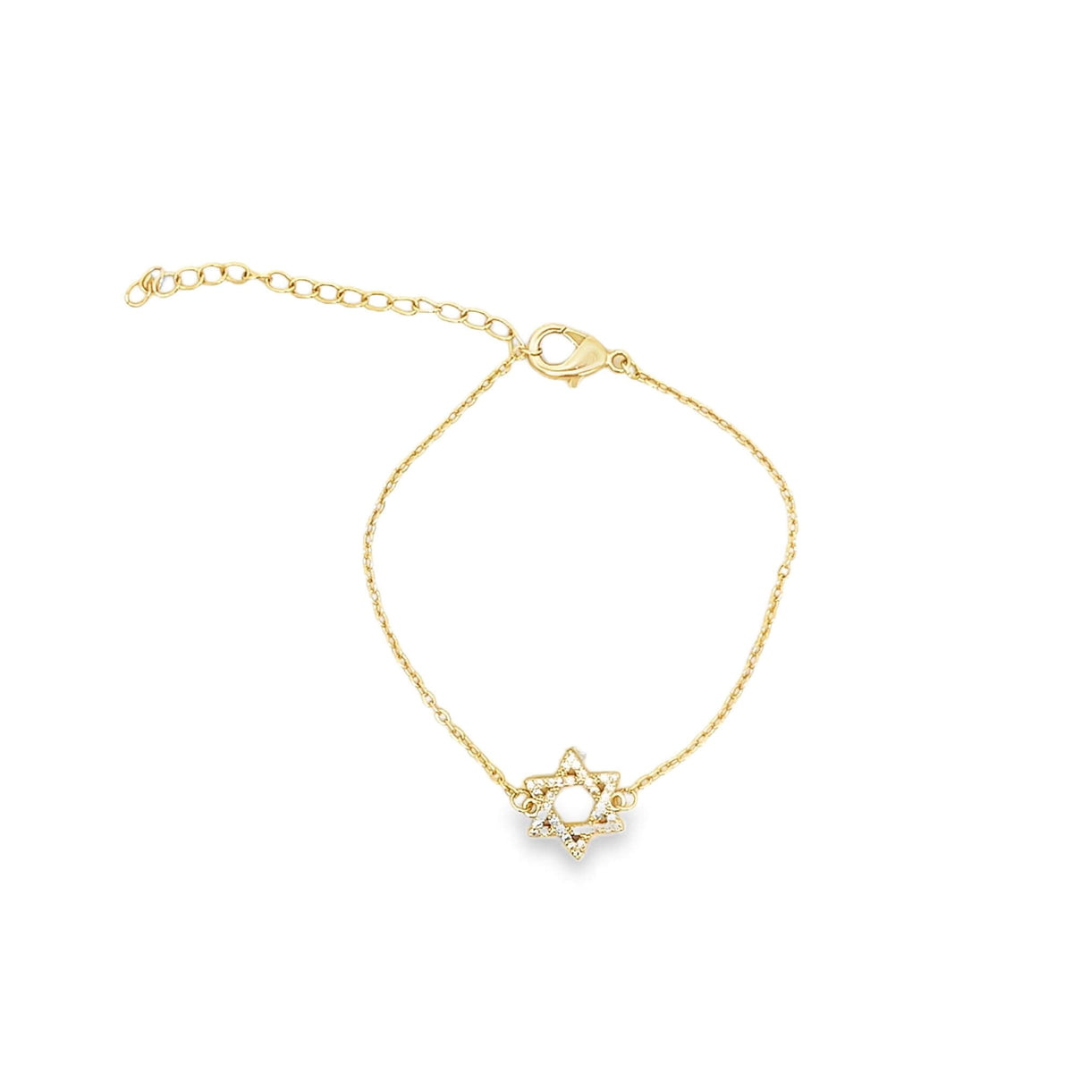 A delicate gold Star of David charm bracelet sparkles against a white background.