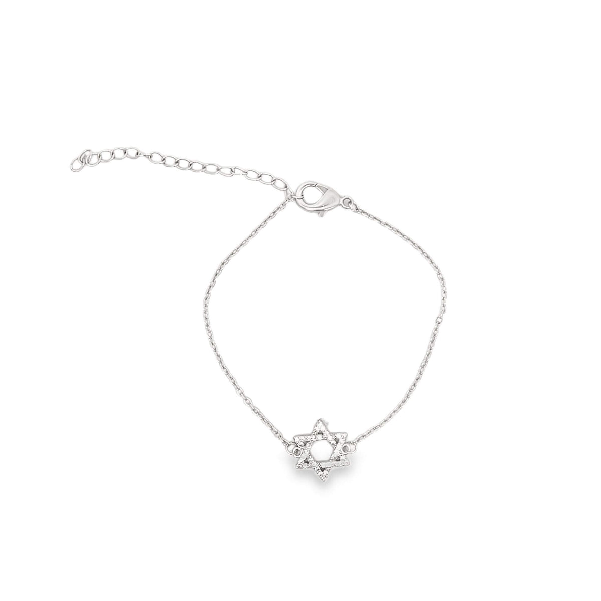 A delicate silver Star of David bracelet sparkles against a clean white background.