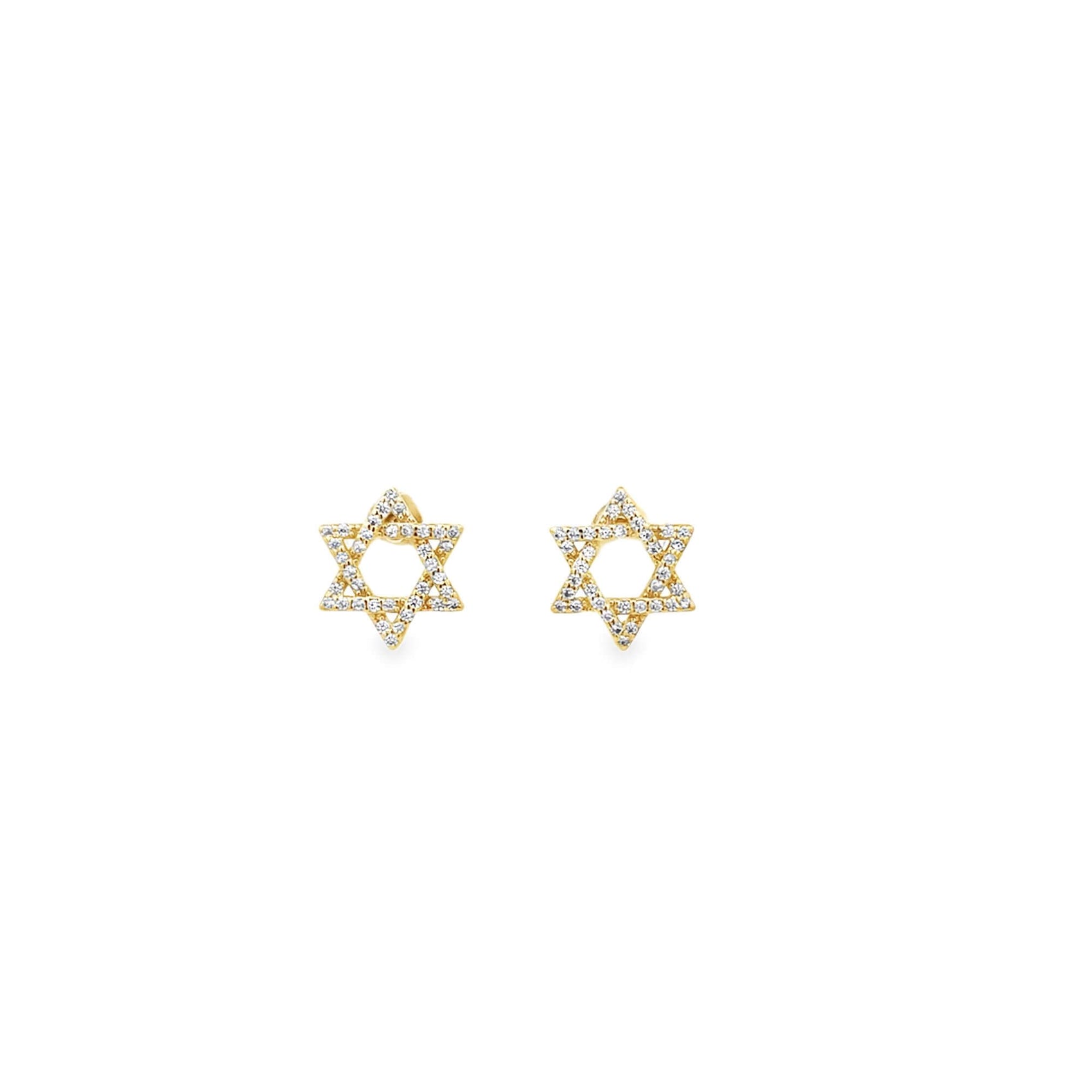 A pair of gold Star of David stud earrings paved with sparkling diamonds rests against a clean white background.
