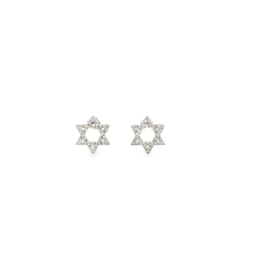 A pair of delicate silver Star of David stud earrings sparkle with pavé-set diamonds against a clean white background.