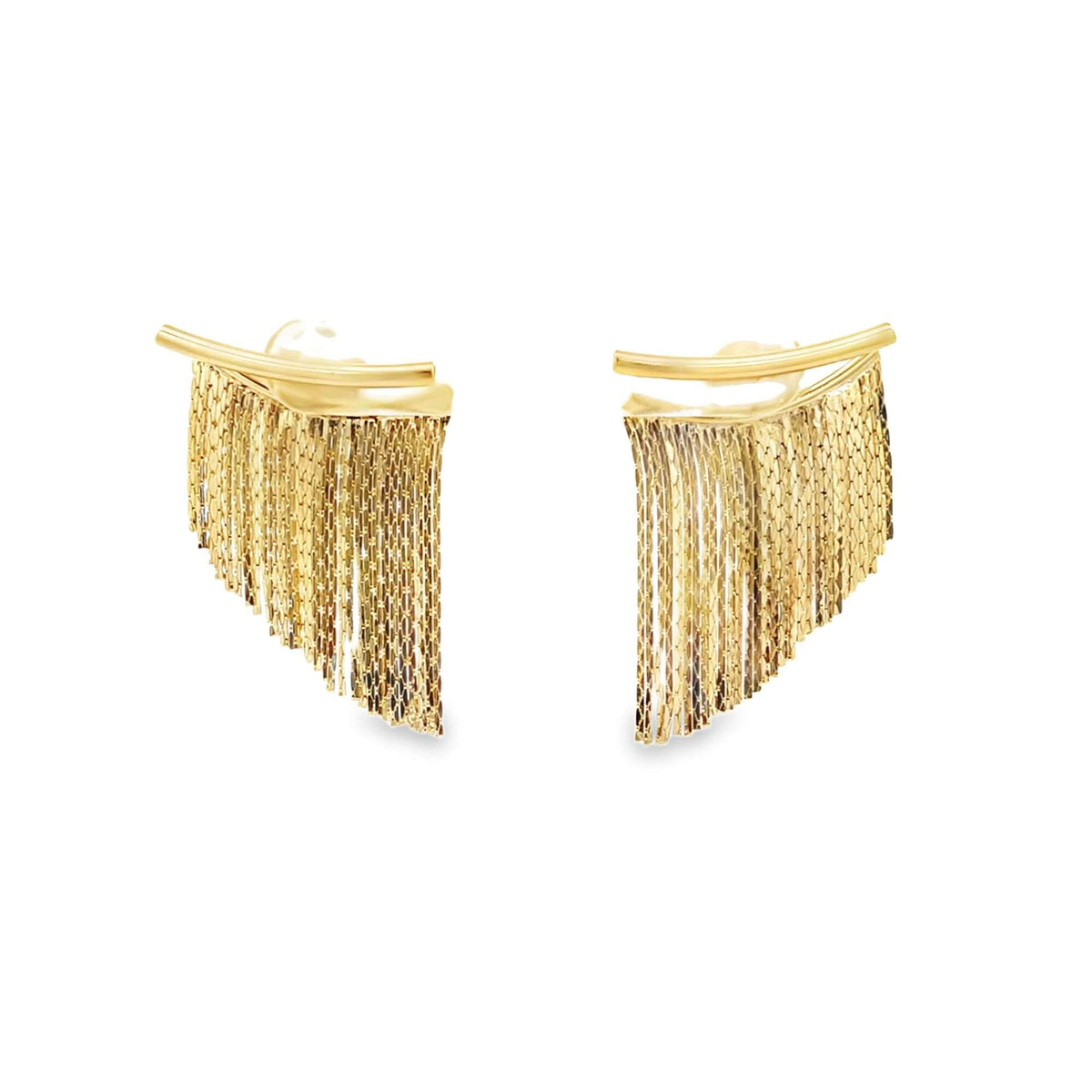 A pair of shiny gold fringe earrings rests against a clean white background.