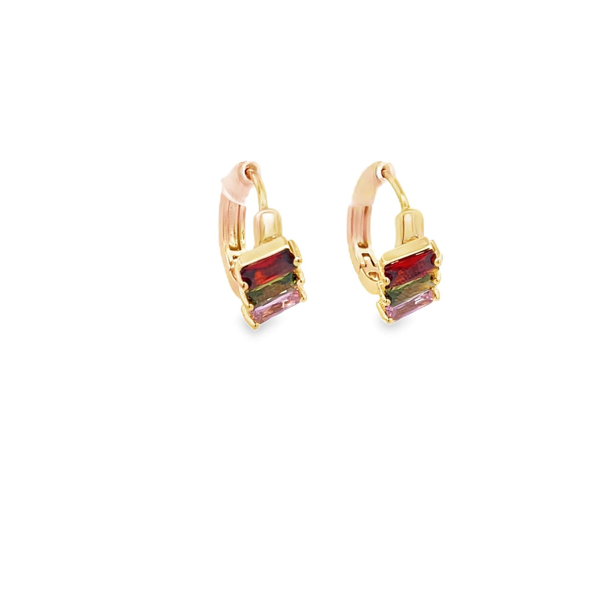 A pair of gold huggie hoop earrings features multicolored baguette-cut gemstones in red, green, and pink.