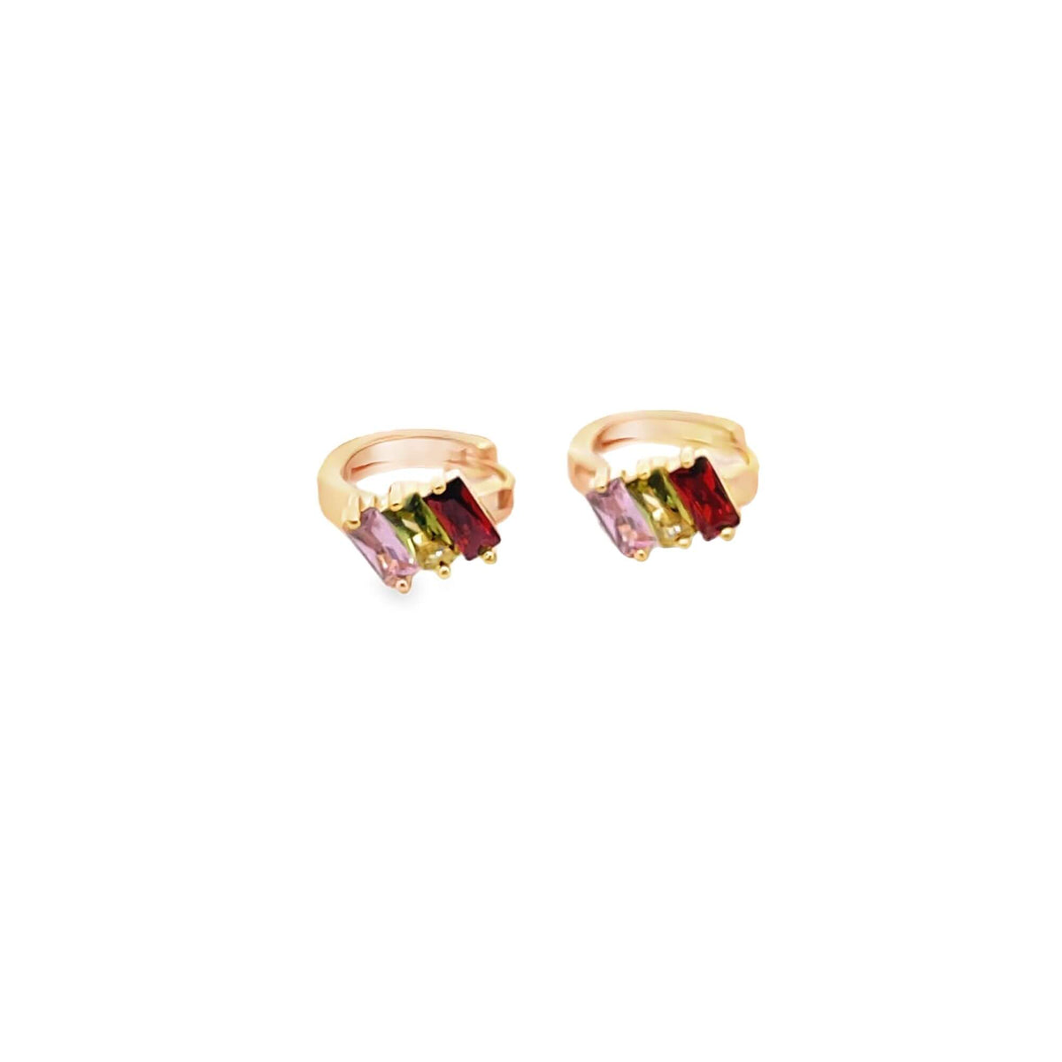 A pair of gold huggie hoop earrings featuring multicolored baguette-cut gemstones in pink, green, and red sparkle against a white background.