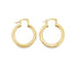 A pair of polished gold hoop earrings rests against a clean white background.