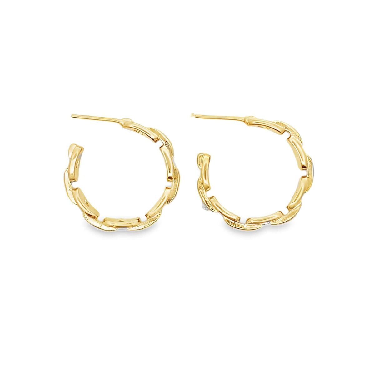 A pair of gold hoop earrings features an intricate, interlocking link design against a clean white background.