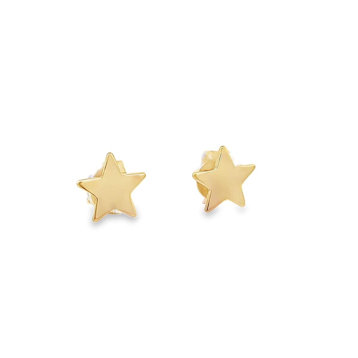 A pair of shiny gold star stud earrings rests against a clean white background.