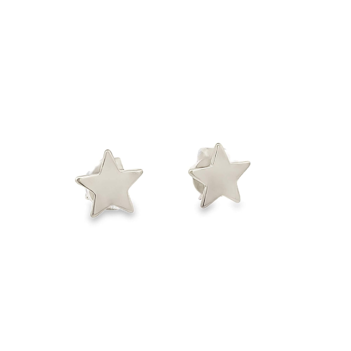A pair of polished sterling silver star stud earrings glistens against a clean white background.